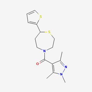molecular formula C16H21N3OS2 B2789789 (7-(thiophen-2-yl)-1,4-thiazepan-4-yl)(1,3,5-trimethyl-1H-pyrazol-4-yl)methanone CAS No. 1706094-87-2