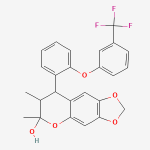 molecular formula C25H21F3O5 B2789801 6,7-dimethyl-8-{2-[3-(trifluoromethyl)phenoxy]phenyl}-7,8-dihydro-6H-[1,3]dioxolo[4,5-g]chromen-6-ol CAS No. 1005047-31-3