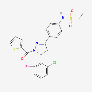 molecular formula C22H19ClFN3O3S2 B2789804 N-[4-[3-(2-chloro-6-fluorophenyl)-2-(thiophene-2-carbonyl)-3,4-dihydropyrazol-5-yl]phenyl]ethanesulfonamide CAS No. 865615-69-6