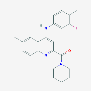 molecular formula C23H24FN3O B2789825 (4-((3-Fluoro-4-methylphenyl)amino)-6-methylquinolin-2-yl)(piperidin-1-yl)methanone CAS No. 1226437-33-7