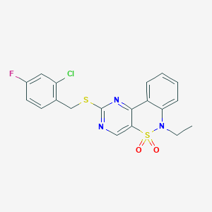 molecular formula C19H15ClFN3O2S2 B2789829 2-[(2-chloro-4-fluorobenzyl)sulfanyl]-6-ethyl-6H-pyrimido[5,4-c][2,1]benzothiazine 5,5-dioxide CAS No. 1326861-69-1