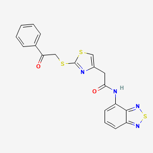 molecular formula C19H14N4O2S3 B2789858 N-(benzo[c][1,2,5]thiadiazol-4-yl)-2-(2-((2-oxo-2-phenylethyl)thio)thiazol-4-yl)acetamide CAS No. 1207037-73-7