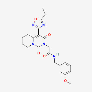 molecular formula C22H25N5O5 B2789864 2-[4-(5-ethyl-1,2,4-oxadiazol-3-yl)-1,3-dioxo-1H,2H,3H,5H,6H,7H,8H-pyrido[1,2-c]pyrimidin-2-yl]-N-[(3-methoxyphenyl)methyl]acetamide CAS No. 1775553-51-9