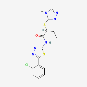 molecular formula C15H15ClN6OS2 B2789899 N-[5-(2-chlorophenyl)-1,3,4-thiadiazol-2-yl]-2-[(4-methyl-1,2,4-triazol-3-yl)thio]butanamide CAS No. 394237-09-3