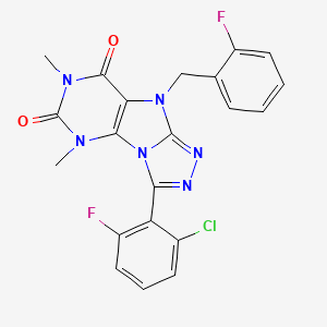 molecular formula C21H15ClF2N6O2 B2789917 8-(2-Chloro-6-fluorophenyl)-5-[(2-fluorophenyl)methyl]-1,3-dimethylpurino[8,9-c][1,2,4]triazole-2,4-dione CAS No. 921557-70-2