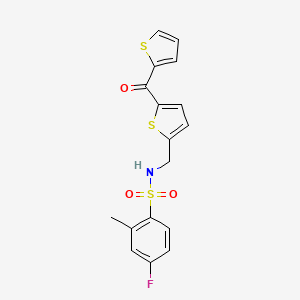 molecular formula C17H14FNO3S3 B2789925 4-fluoro-2-methyl-N-((5-(thiophene-2-carbonyl)thiophen-2-yl)methyl)benzenesulfonamide CAS No. 1421484-54-9