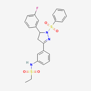 molecular formula C23H22FN3O4S2 B2789955 N-(3-(5-(3-fluorophenyl)-1-(phenylsulfonyl)-4,5-dihydro-1H-pyrazol-3-yl)phenyl)ethanesulfonamide CAS No. 851783-06-7