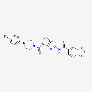 molecular formula C25H23FN4O4S B2789970 N-(4-(4-(4-fluorophenyl)piperazine-1-carbonyl)-5,6-dihydro-4H-cyclopenta[d]thiazol-2-yl)benzo[d][1,3]dioxole-5-carboxamide CAS No. 955758-49-3