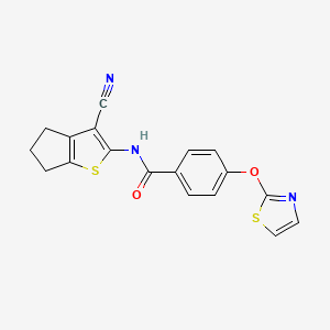molecular formula C18H13N3O2S2 B2790056 N-(3-cyano-5,6-dihydro-4H-cyclopenta[b]thiophen-2-yl)-4-(thiazol-2-yloxy)benzamide CAS No. 2034275-26-6