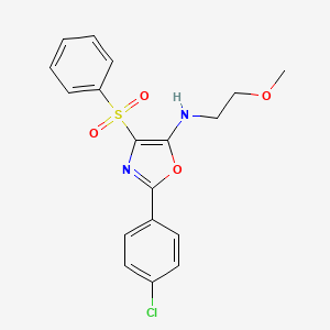 molecular formula C18H17ClN2O4S B2790090 4-(benzenesulfonyl)-2-(4-chlorophenyl)-N-(2-methoxyethyl)-1,3-oxazol-5-amine CAS No. 630084-22-9