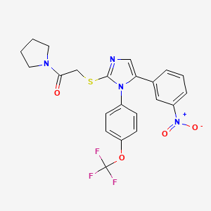 molecular formula C22H19F3N4O4S B2790105 2-((5-(3-nitrophenyl)-1-(4-(trifluoromethoxy)phenyl)-1H-imidazol-2-yl)thio)-1-(pyrrolidin-1-yl)ethanone CAS No. 1226459-05-7