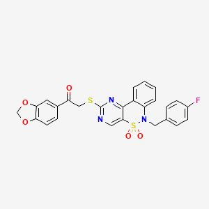 molecular formula C26H18FN3O5S2 B2790128 1-(1,3-benzodioxol-5-yl)-2-{[6-(4-fluorobenzyl)-5,5-dioxido-6H-pyrimido[5,4-c][2,1]benzothiazin-2-yl]thio}ethanone CAS No. 895098-72-3