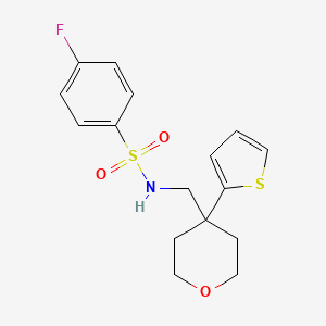 molecular formula C16H18FNO3S2 B2790144 4-fluoro-N-((4-(thiophen-2-yl)tetrahydro-2H-pyran-4-yl)methyl)benzenesulfonamide CAS No. 1203041-93-3