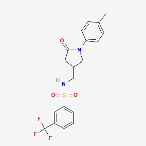 molecular formula C19H19F3N2O3S B2790223 N-((5-oxo-1-(p-tolyl)pyrrolidin-3-yl)methyl)-3-(trifluoromethyl)benzenesulfonamide CAS No. 954608-84-5