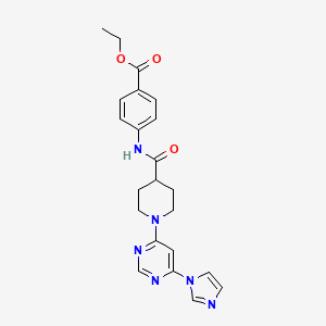 molecular formula C22H24N6O3 B2790242 ethyl 4-(1-(6-(1H-imidazol-1-yl)pyrimidin-4-yl)piperidine-4-carboxamido)benzoate CAS No. 1351635-13-6