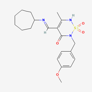 molecular formula C20H27N3O4S B2790329 4-(Cycloheptyliminomethyl)-6-[(4-methoxyphenyl)methyl]-3-methyl-1,1-dioxo-2H-1,2,6-thiadiazin-5-one CAS No. 2380195-84-4
