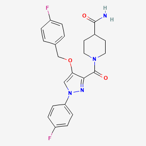 molecular formula C23H22F2N4O3 B2790378 1-(4-((4-fluorobenzyl)oxy)-1-(4-fluorophenyl)-1H-pyrazole-3-carbonyl)piperidine-4-carboxamide CAS No. 1170001-33-8