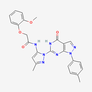 molecular formula C25H23N7O4 B2790399 2-(2-methoxyphenoxy)-N-(3-methyl-1-(4-oxo-1-(p-tolyl)-4,5-dihydro-1H-pyrazolo[3,4-d]pyrimidin-6-yl)-1H-pyrazol-5-yl)acetamide CAS No. 1171180-13-4
