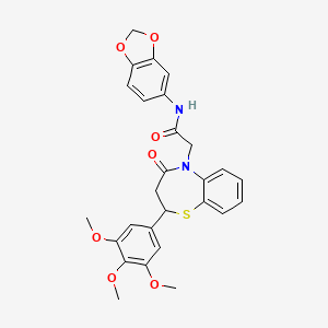 molecular formula C27H26N2O7S B2790418 N-(benzo[d][1,3]dioxol-5-yl)-2-(4-oxo-2-(3,4,5-trimethoxyphenyl)-3,4-dihydrobenzo[b][1,4]thiazepin-5(2H)-yl)acetamide CAS No. 847410-56-4