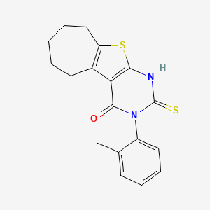 molecular formula C18H18N2OS2 B2790427 4-(2-Methylphenyl)-5-sulfanyl-8-thia-4,6-diazatricyclo[7.5.0.0,2,7]tetradeca-1(9),2(7),5-trien-3-one CAS No. 882135-83-3