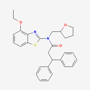 molecular formula C29H30N2O3S B2790452 N-(4-ethoxybenzo[d]thiazol-2-yl)-3,3-diphenyl-N-((tetrahydrofuran-2-yl)methyl)propanamide CAS No. 1171096-61-9