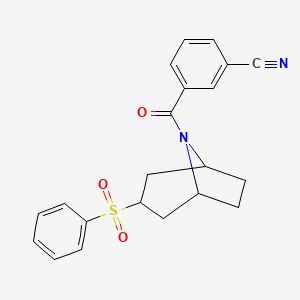 molecular formula C21H20N2O3S B2790466 3-((1R,5S)-3-(phenylsulfonyl)-8-azabicyclo[3.2.1]octane-8-carbonyl)benzonitrile CAS No. 1448078-66-7