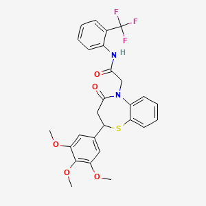 molecular formula C27H25F3N2O5S B2790495 2-(4-oxo-2-(3,4,5-trimethoxyphenyl)-3,4-dihydrobenzo[b][1,4]thiazepin-5(2H)-yl)-N-(2-(trifluoromethyl)phenyl)acetamide CAS No. 847410-58-6
