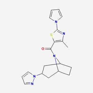 molecular formula C19H21N5OS B2790503 ((1R,5S)-3-(1H-pyrazol-1-yl)-8-azabicyclo[3.2.1]octan-8-yl)(4-methyl-2-(1H-pyrrol-1-yl)thiazol-5-yl)methanone CAS No. 2309346-14-1