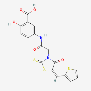 molecular formula C17H12N2O5S3 B2790561 (E)-2-hydroxy-5-(2-(4-oxo-5-(thiophen-2-ylmethylene)-2-thioxothiazolidin-3-yl)acetamido)benzoic acid CAS No. 637317-91-0