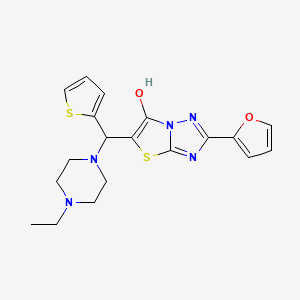 molecular formula C19H21N5O2S2 B2790585 5-((4-Ethylpiperazin-1-yl)(thiophen-2-yl)methyl)-2-(furan-2-yl)thiazolo[3,2-b][1,2,4]triazol-6-ol CAS No. 898437-85-9