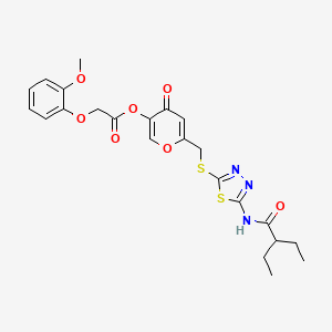 molecular formula C23H25N3O7S2 B2790594 6-(((5-(2-ethylbutanamido)-1,3,4-thiadiazol-2-yl)thio)methyl)-4-oxo-4H-pyran-3-yl 2-(2-methoxyphenoxy)acetate CAS No. 896013-30-2