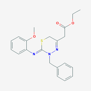 molecular formula C21H23N3O3S B2790602 ethyl 2-{3-benzyl-2-[(2-methoxyphenyl)imino]-3,6-dihydro-2H-1,3,4-thiadiazin-5-yl}acetate CAS No. 735320-30-6