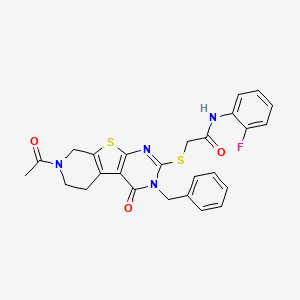 2-[(11-acetyl-4-benzyl-3-oxo-8-thia-4,6,11-triazatricyclo[7.4.0.02,7]trideca-1(9),2(7),5-trien-5-yl)sulfanyl]-N-(2-fluorophenyl)acetamide