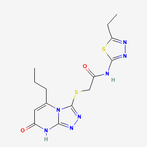 molecular formula C14H17N7O2S2 B2790656 N-(5-ethyl-1,3,4-thiadiazol-2-yl)-2-((7-oxo-5-propyl-7,8-dihydro-[1,2,4]triazolo[4,3-a]pyrimidin-3-yl)thio)acetamide CAS No. 895005-33-1