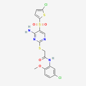 molecular formula C17H14Cl2N4O4S3 B2790677 2-((4-amino-5-((5-chlorothiophen-2-yl)sulfonyl)pyrimidin-2-yl)thio)-N-(5-chloro-2-methoxyphenyl)acetamide CAS No. 1223823-01-5