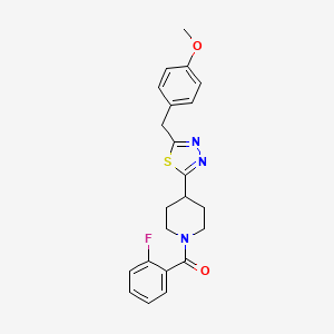 molecular formula C22H22FN3O2S B2790708 (2-Fluorophenyl)(4-(5-(4-methoxybenzyl)-1,3,4-thiadiazol-2-yl)piperidin-1-yl)methanone CAS No. 1172834-38-6