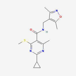 molecular formula C16H20N4O2S B2790749 2-Cyclopropyl-N-[(3,5-dimethyl-1,2-oxazol-4-yl)methyl]-4-methyl-6-methylsulfanylpyrimidine-5-carboxamide CAS No. 1436150-11-6