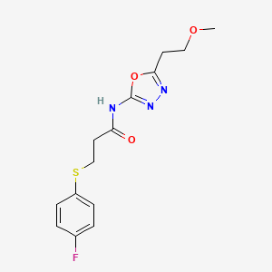 molecular formula C14H16FN3O3S B2790764 3-((4-fluorophenyl)thio)-N-(5-(2-methoxyethyl)-1,3,4-oxadiazol-2-yl)propanamide CAS No. 1396871-92-3