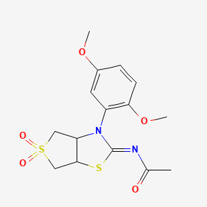 molecular formula C15H18N2O5S2 B2790897 (E)-N-(3-(2,5-dimethoxyphenyl)-5,5-dioxidotetrahydrothieno[3,4-d]thiazol-2(3H)-ylidene)acetamide CAS No. 877819-12-0