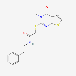 molecular formula C18H19N3O2S2 B2790917 2-((3,6-dimethyl-4-oxo-3,4-dihydrothieno[2,3-d]pyrimidin-2-yl)thio)-N-phenethylacetamide CAS No. 878696-08-3