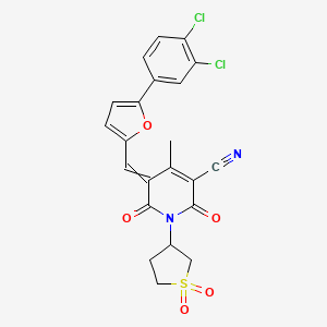 molecular formula C22H16Cl2N2O5S B2790950 5-{[5-(3,4-Dichlorophenyl)furan-2-yl]methylidene}-1-(1,1-dioxo-1lambda6-thiolan-3-yl)-4-methyl-2,6-dioxo-1,2,5,6-tetrahydropyridine-3-carbonitrile CAS No. 862209-08-3