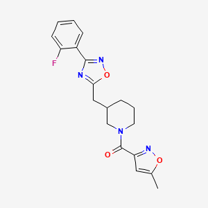 molecular formula C19H19FN4O3 B2791124 (3-((3-(2-Fluorophenyl)-1,2,4-oxadiazol-5-yl)methyl)piperidin-1-yl)(5-methylisoxazol-3-yl)methanone CAS No. 1705878-71-2