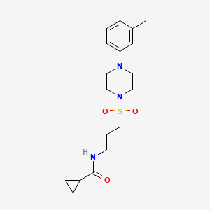 molecular formula C18H27N3O3S B2791159 N-(3-((4-(m-tolyl)piperazin-1-yl)sulfonyl)propyl)cyclopropanecarboxamide CAS No. 1021117-52-1