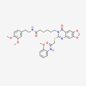 molecular formula C34H38N4O8S B2791193 N-(3,4-dimethoxyphenethyl)-6-(6-((2-((2-methoxyphenyl)amino)-2-oxoethyl)thio)-8-oxo-[1,3]dioxolo[4,5-g]quinazolin-7(8H)-yl)hexanamide CAS No. 688061-76-9