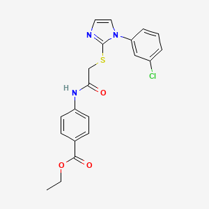 molecular formula C20H18ClN3O3S B2791315 Ethyl 4-[[2-[1-(3-chlorophenyl)imidazol-2-yl]sulfanylacetyl]amino]benzoate CAS No. 851132-82-6