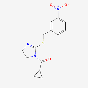 molecular formula C14H15N3O3S B2791383 Cyclopropyl-[2-[(3-nitrophenyl)methylsulfanyl]-4,5-dihydroimidazol-1-yl]methanone CAS No. 851808-42-9