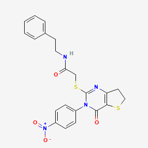 molecular formula C22H20N4O4S2 B2791436 2-((3-(4-nitrophenyl)-4-oxo-3,4,6,7-tetrahydrothieno[3,2-d]pyrimidin-2-yl)thio)-N-phenethylacetamide CAS No. 687569-04-6