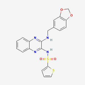 molecular formula C20H16N4O4S2 B2791523 N-[3-(1,3-benzodioxol-5-ylmethylamino)quinoxalin-2-yl]thiophene-2-sulfonamide CAS No. 716340-57-7