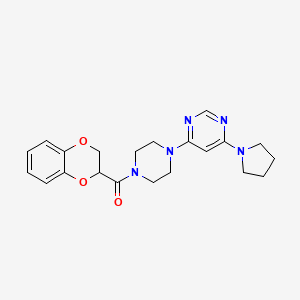 molecular formula C21H25N5O3 B2791554 (2,3-Dihydrobenzo[b][1,4]dioxin-2-yl)(4-(6-(pyrrolidin-1-yl)pyrimidin-4-yl)piperazin-1-yl)methanone CAS No. 1203344-71-1