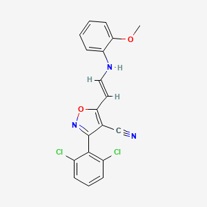 molecular formula C19H13Cl2N3O2 B2791576 3-(2,6-Dichlorophenyl)-5-[2-(2-methoxyanilino)vinyl]-4-isoxazolecarbonitrile CAS No. 338402-66-7